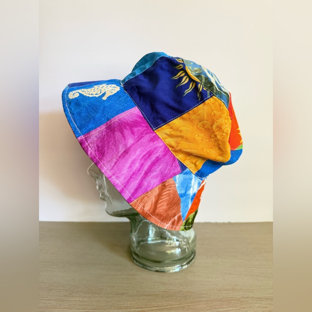 Y2K Rima Patchwork Surf Bucket Hat Tropical Beach Sun Print Terivoile 90s Surfer - Picture 3 of 7